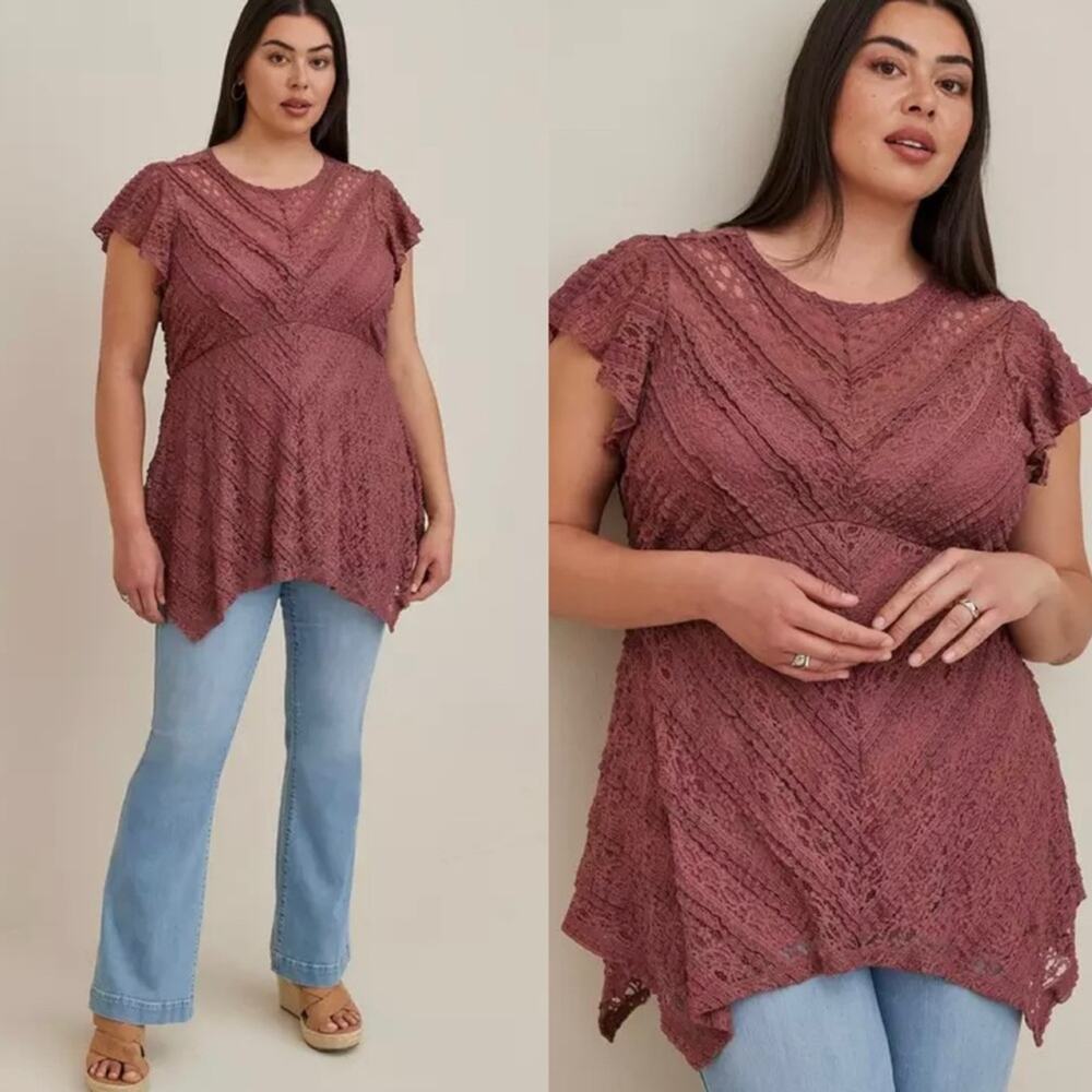 Torrid Babydoll Lace Crew Neck Sharkbite Hem Tunic Top in Ginger Plus Size 5X
